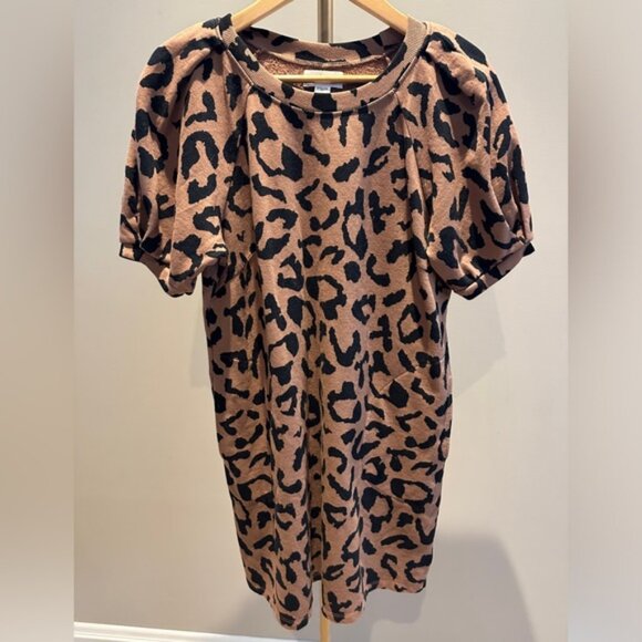 Velvet Leopard Puff Sleeve Mini Dress Size Small - Picture 1 of 10